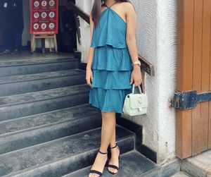Teal Tiered Halter Neck Dress