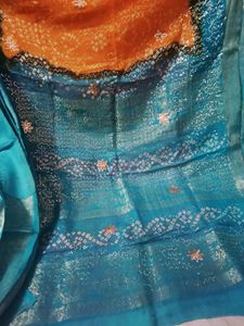 Orange and blue bandhani print saree with sequin w
