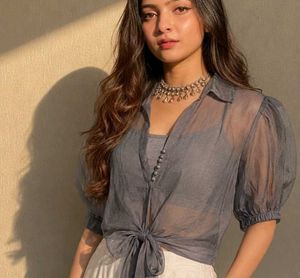 Sheer Puff Sleeve Tie-Front Blouse