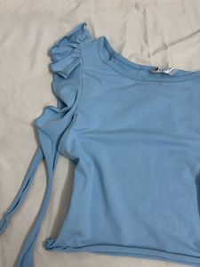 Blue Tie-Up Ruffle Sleeve crop Top