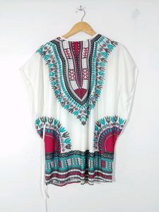 White Multicolor Neckline Kaftan(Women's)