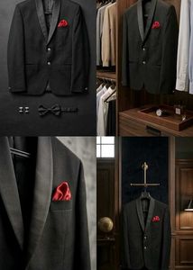 Classic Black Blazer with Red Pocket Square