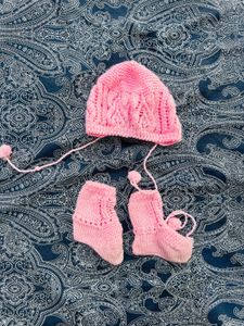 Handmade Pink Baby Knit Hat & Booties Set
