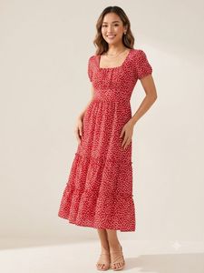 Red Floral Midi Dress with Ruffles