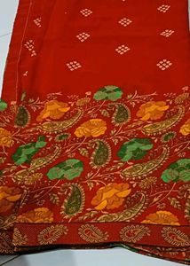Red Printed Soft Saree With Unstitched Blouse
