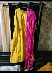 Elegant Yellow Kurta with Pink Dupatta