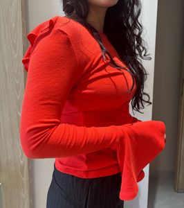 Red Bell Sleeve Ribbed Top