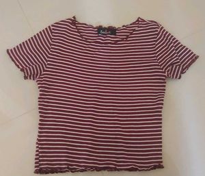 Maroon & White Striped Cropped Top