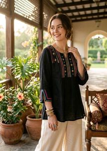 Embroidered Black Cotton short Kurti