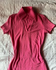 Hot Pink Ribbed V-Neck Dress