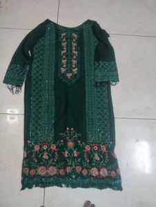 Elegant Green Embroidered Kurta with pant and dupa