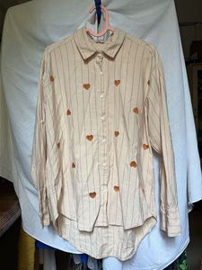 Cute Heart Striped Button-Up Oversized Fit Shirt