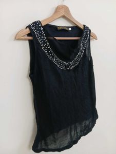 Elegant Beaded Black Sleeveless Top