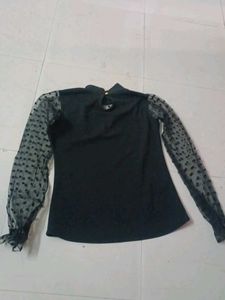 Chic Black Sheer Polka Dot Sleeve Top
