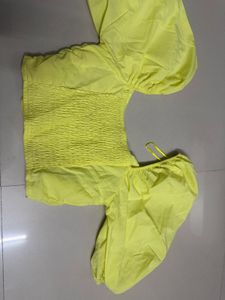 Off-Shoulder Neon Puff Sleeve Crop Top