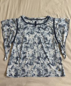 Blue Leaf Print Ruffle Sleeve Top