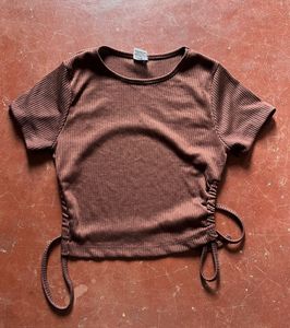 Brown Ribbed Ruched Crop Top