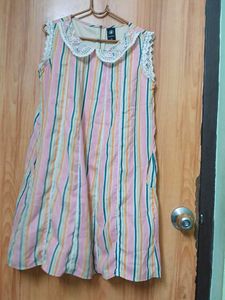 Striped Sleeveless Dress with Lace Collar