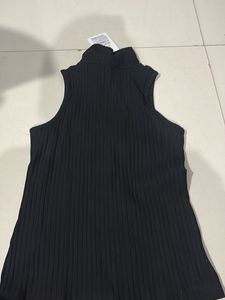 Chic Black Ribbed Mock Neck Top collared