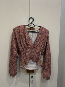 zara Chic Printed V-Neck Long Sleeve Top