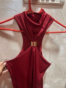 Elegant Halter Neck Red Midi Dress