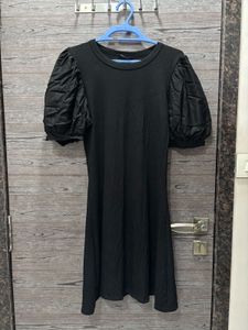 Black Puff Sleeve Ribbed Dress