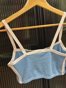 Blue Ribbed Crop Top with White Trim