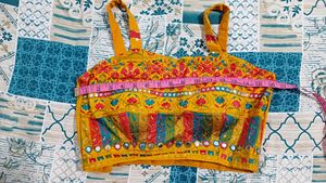 Mustard Embroiderd 3pc set Skirt, Crop top &amp; Shrug