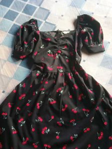 Cute Cherry Print Puff Sleeve Dress (S)