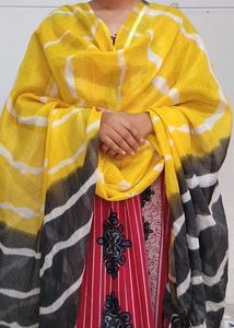 Yellow &amp; Gray Striped Dupatta with Tassels