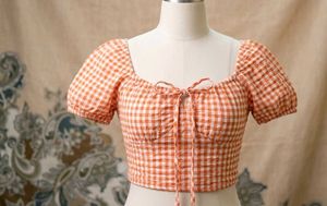 Cute Orange Gingham Tie Front Top
