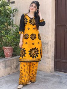 Yellow Kurta with Black Floral Print