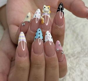 polka and french with cute 3 d cat nails