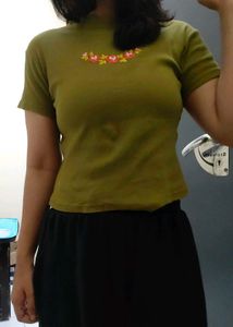 Olive Green Embroidered Rose T-Shirt