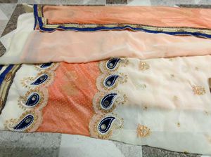 Elegant Peach & Cream Saree with Blue Border
