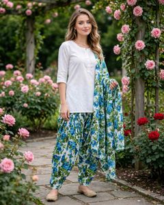 White Kurta with Floral Print Bottoms