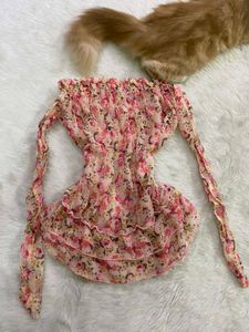 Pink Floral Print Off-Shoulder Tiered Ruffle Top