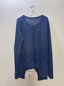 Chic Navy Blue Mesh Knit Sweater