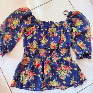 Cute Navy Floral Smocked Peplum Top