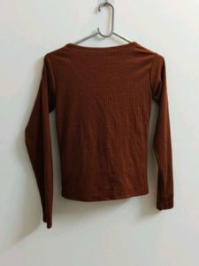 Brown Ribbed Twist Front Top