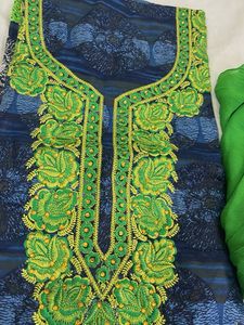Embroidered Blue Kurta with Green Dupatta