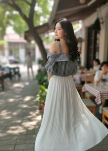 Chic Off-Shoulder Gingham , Pleated Skirt like mi