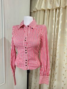 Red & White Striped Button-Up Blouse