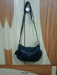 Chic Navy Leather Shoulder Bag with Flower Accent