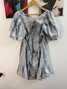 Blue Striped Puff Sleeve Square Neck Dress