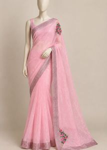 Organza bouquet Pink Embroidered  Saree