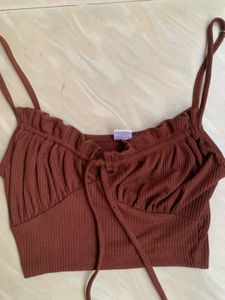 Cute Brown Ribbed Tie-Front Crop Top