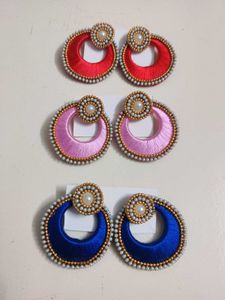 3 pairs of Handmade Silk Thread Hoop Earrings Set