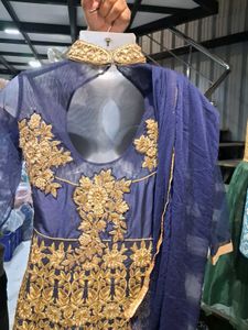 Elegant Blue &amp; Gold Anarkali 3 psc set