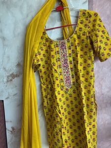 Yellow Floral Print Kurta Set with Dupatta